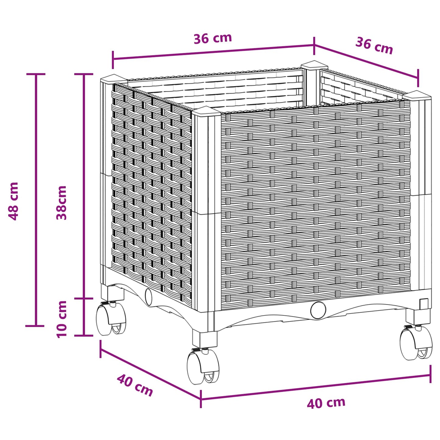 vidaXL Garden Planter with Wheels Black 40 x 40 x 44 cm PP
