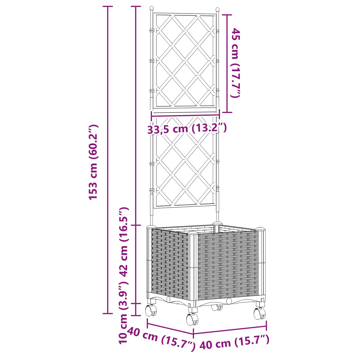 vidaXL Garden Planter with Trellis&Wheels Grey 40 x 40 x 149 cm PP