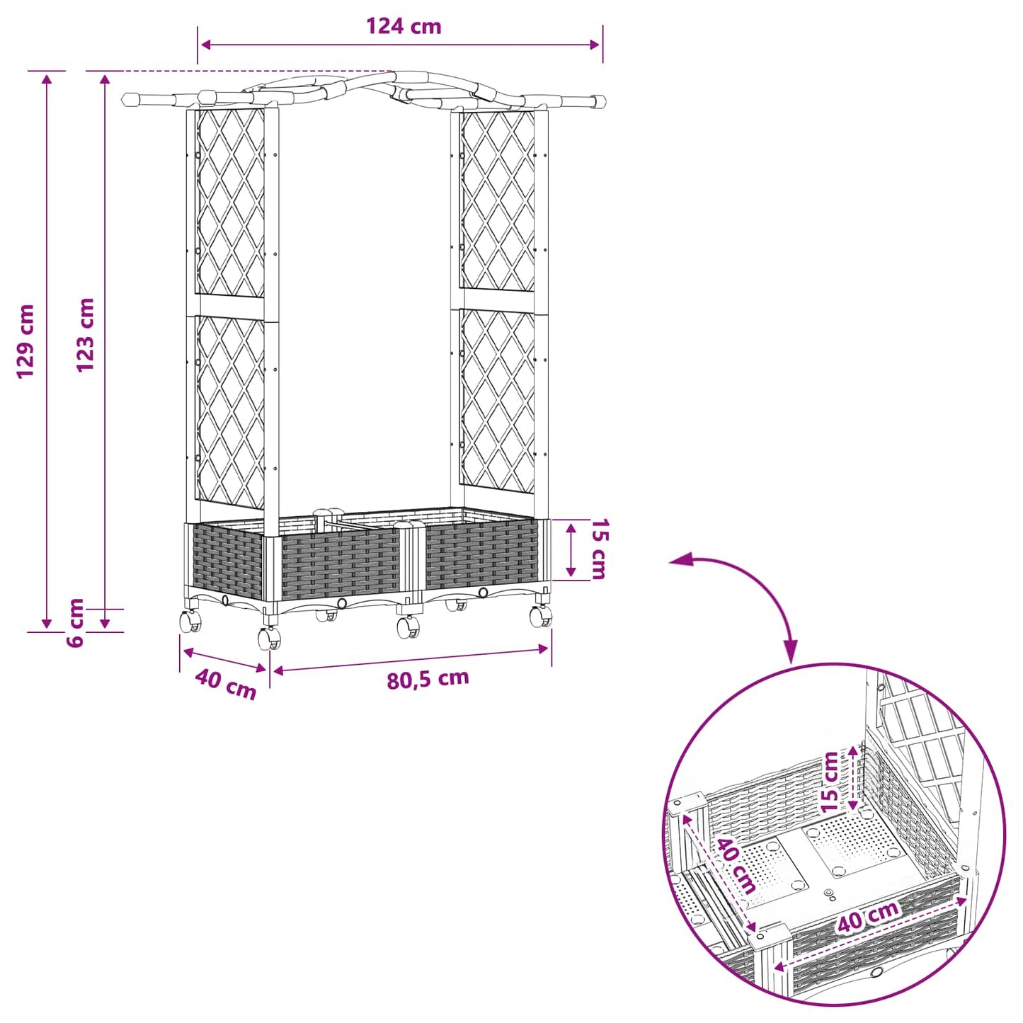 vidaXL Raised Bed with Trellis and Roof Grey 124 x 40 x 129 cm PP