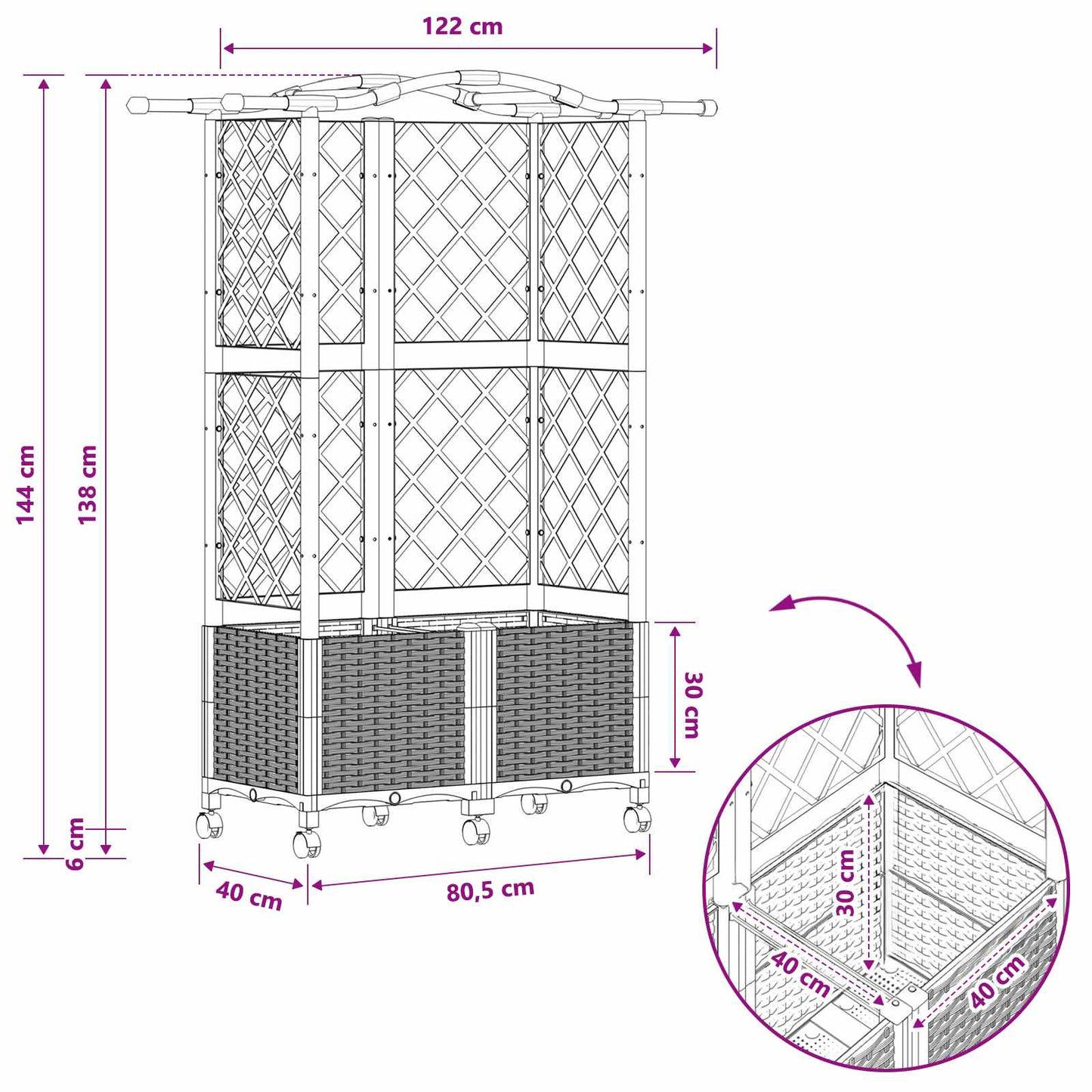 vidaXL Raised Bed with Trellis and Roof Black 122 x 40 x 144 cm PP