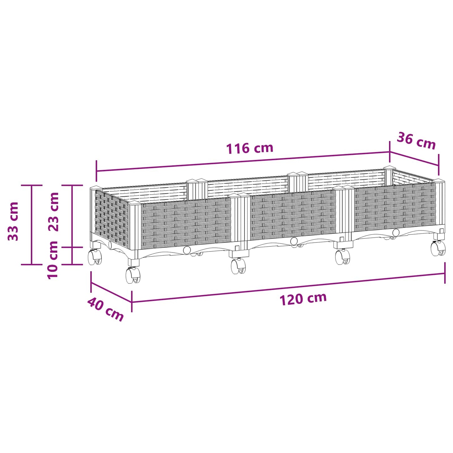 vidaXL Garden Planter with Wheels White 120 x 40 x 33 cm PP