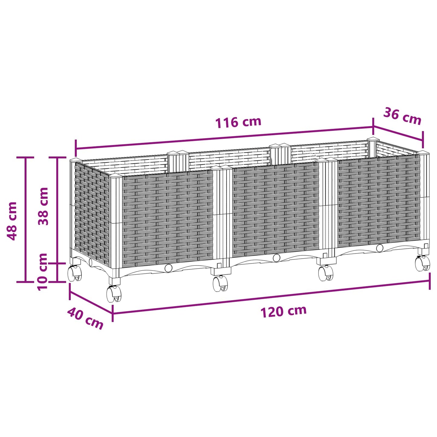 vidaXL Garden Planter with Wheels Brown 120 x 40 x 44 cm PP