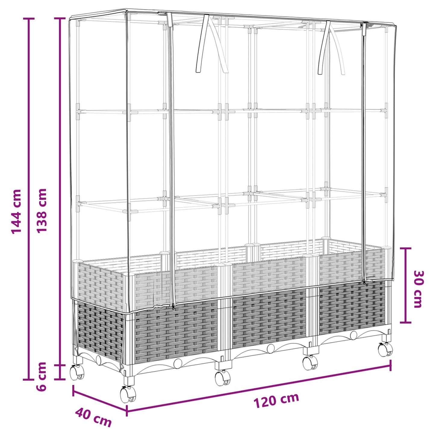 vidaXL Garden Planter with Greenhouse Cover&Wheels 3 pcs Black PP