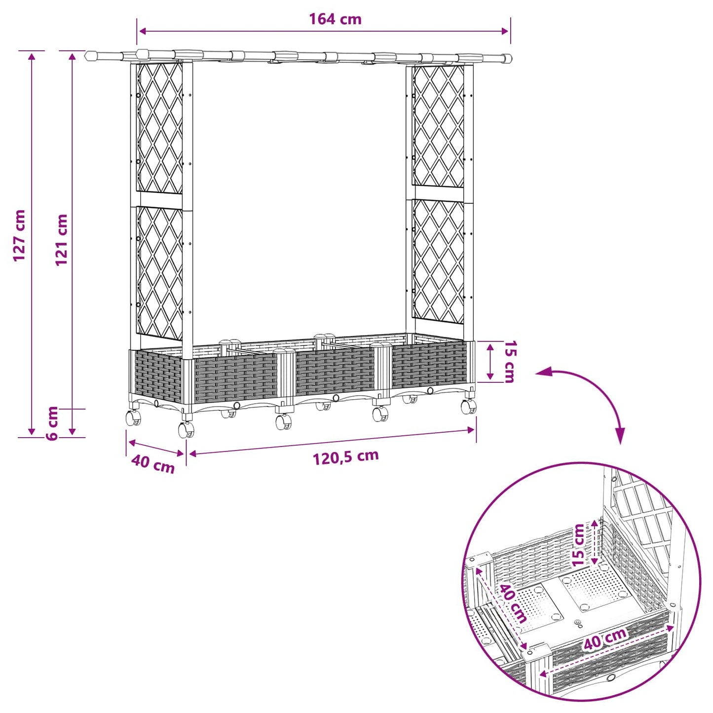 vidaXL Raised Bed with Trellis and Roof Black 164 x 40 x 127 cm PP