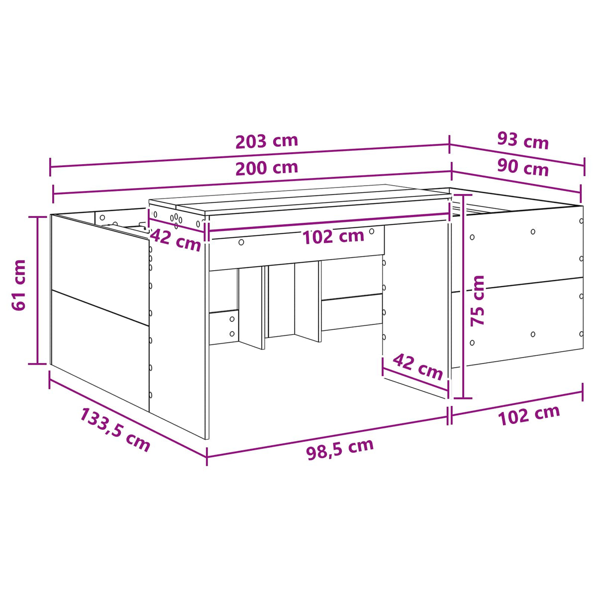 vidaXL Kids'High Bed Frame with Desk White 90 x 200 cm