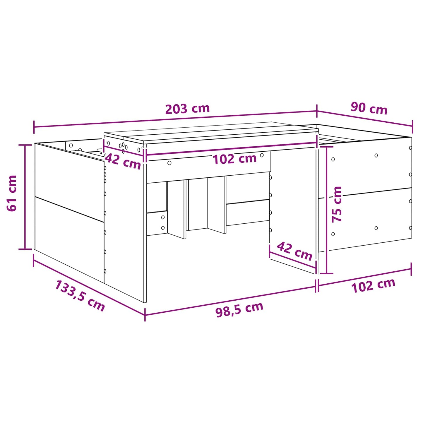 vidaXL Kids'High Bed Frame with Desk Black 90 x 200 cm