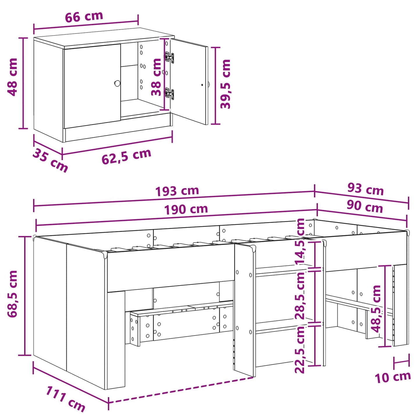 vidaXL Loft Bed Frame with Cabinet 3 pcs Concrete Grey Engineered Wood