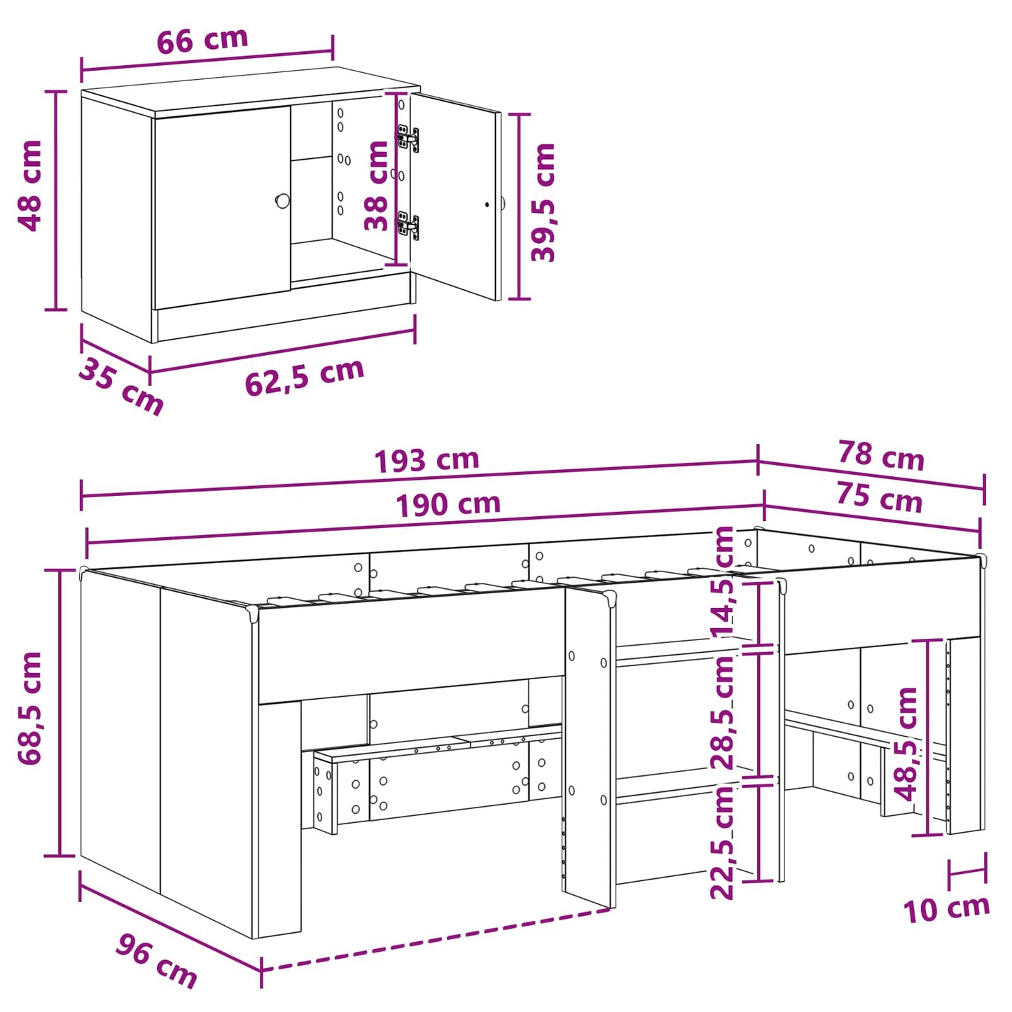 vidaXL Loft Bed Frame with Cabinet 3 pcs Concrete Grey Engineered Wood