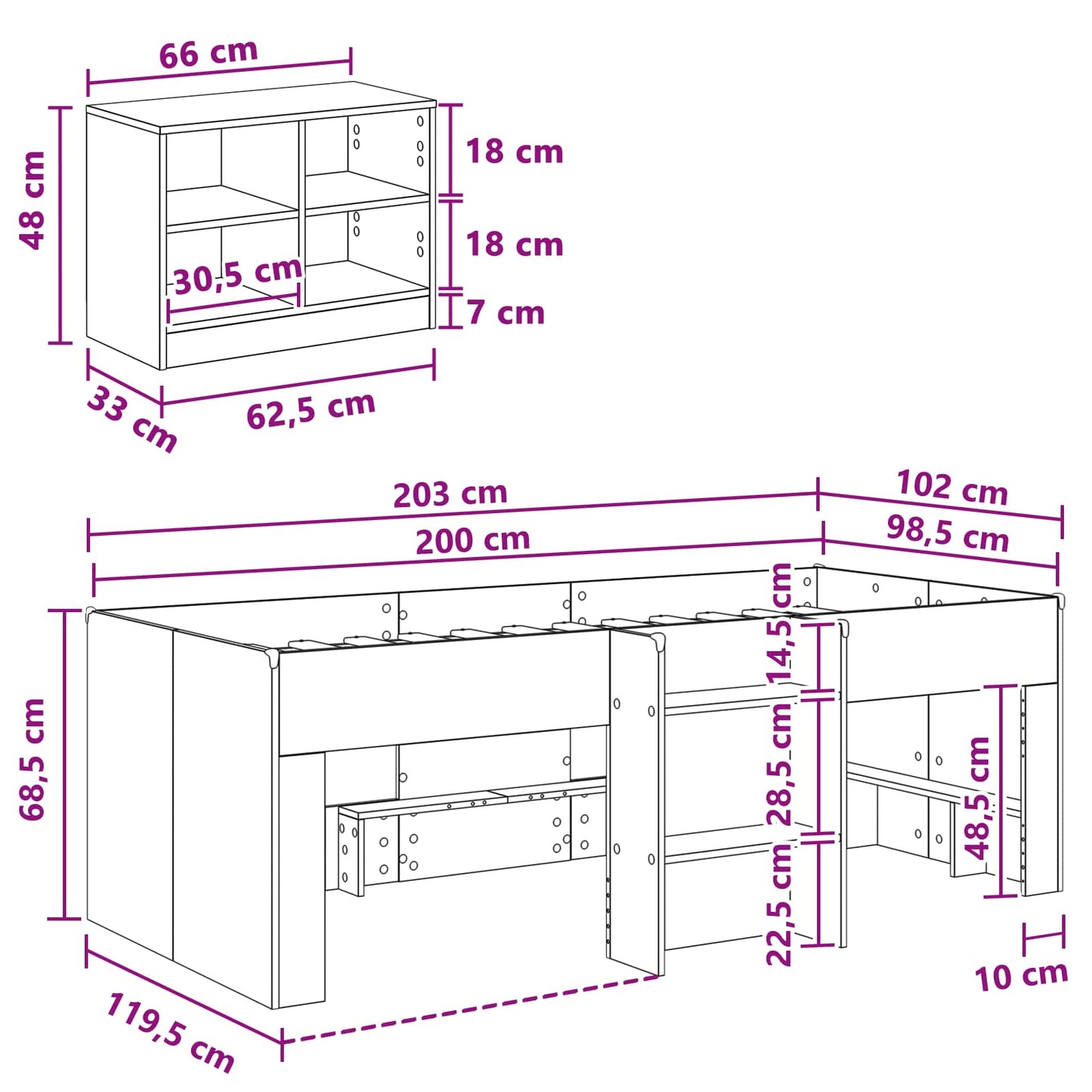 vidaXL Loft Bed Frame with Cabinet 3 pcs Smoked Oak Engineered Wood