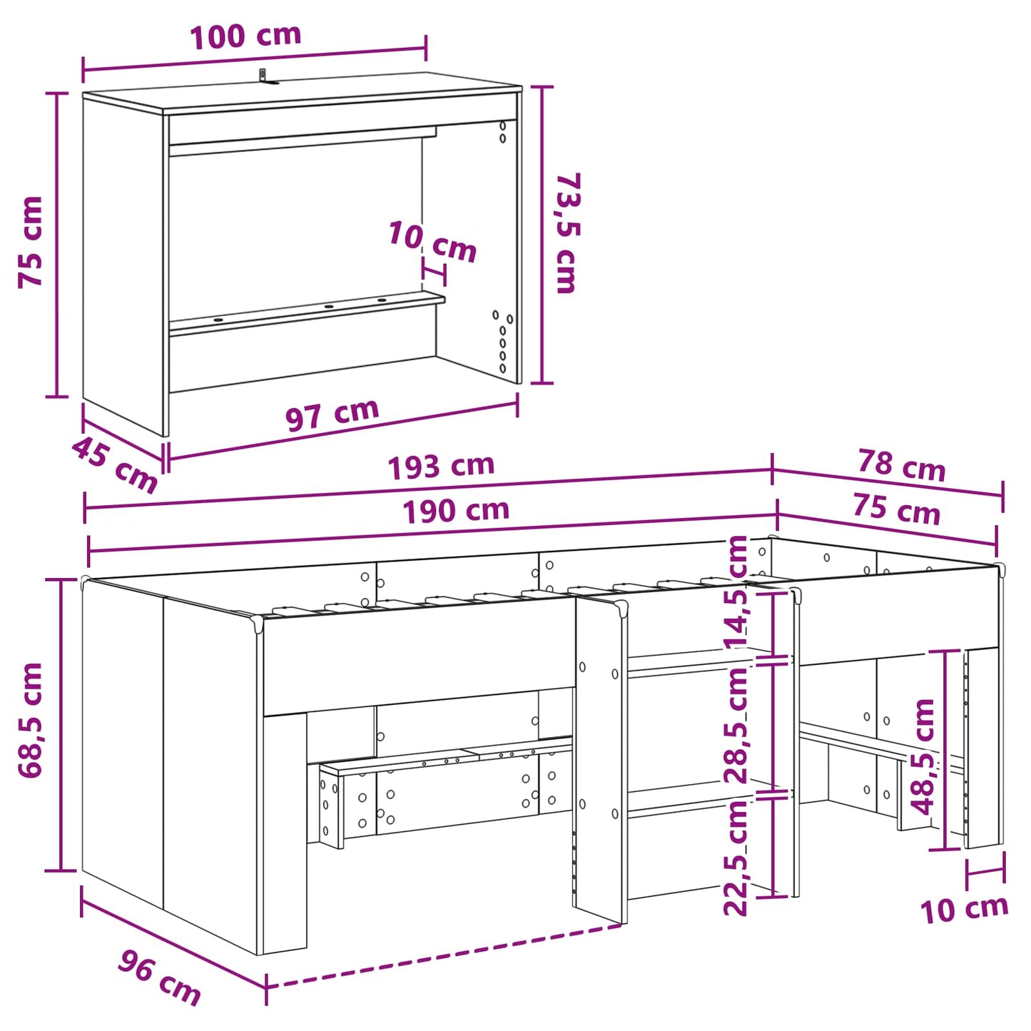 vidaXL Kids'High Bed Frame with Desk Concrete Grey 75 x 190 cm