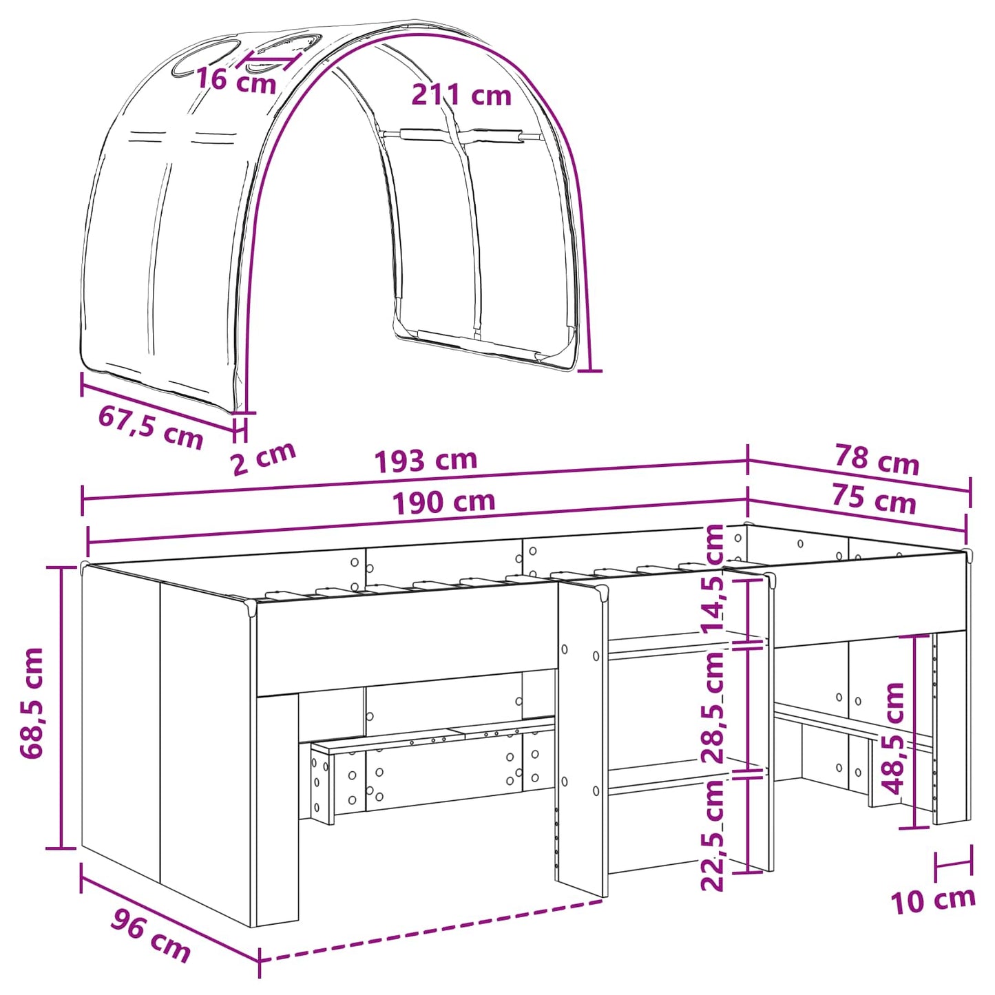 vidaXL Bed with Tunnel 3 pcs Sonoma and Black Engineered Wood