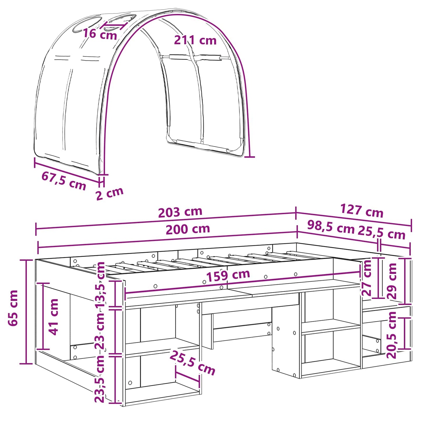 vidaXL Bed Frame with Tunnel 3 pcs White and Black Engineered Wood