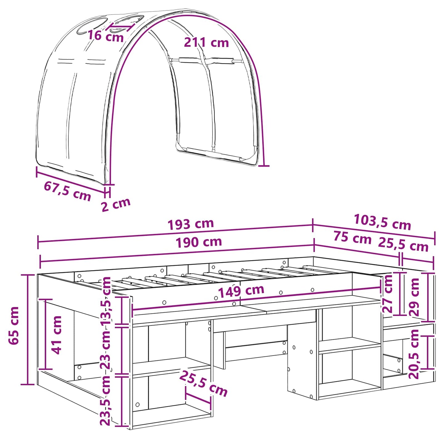 vidaXL Bed Frame with Tunnel 3 pcs White and Red Engineered Wood