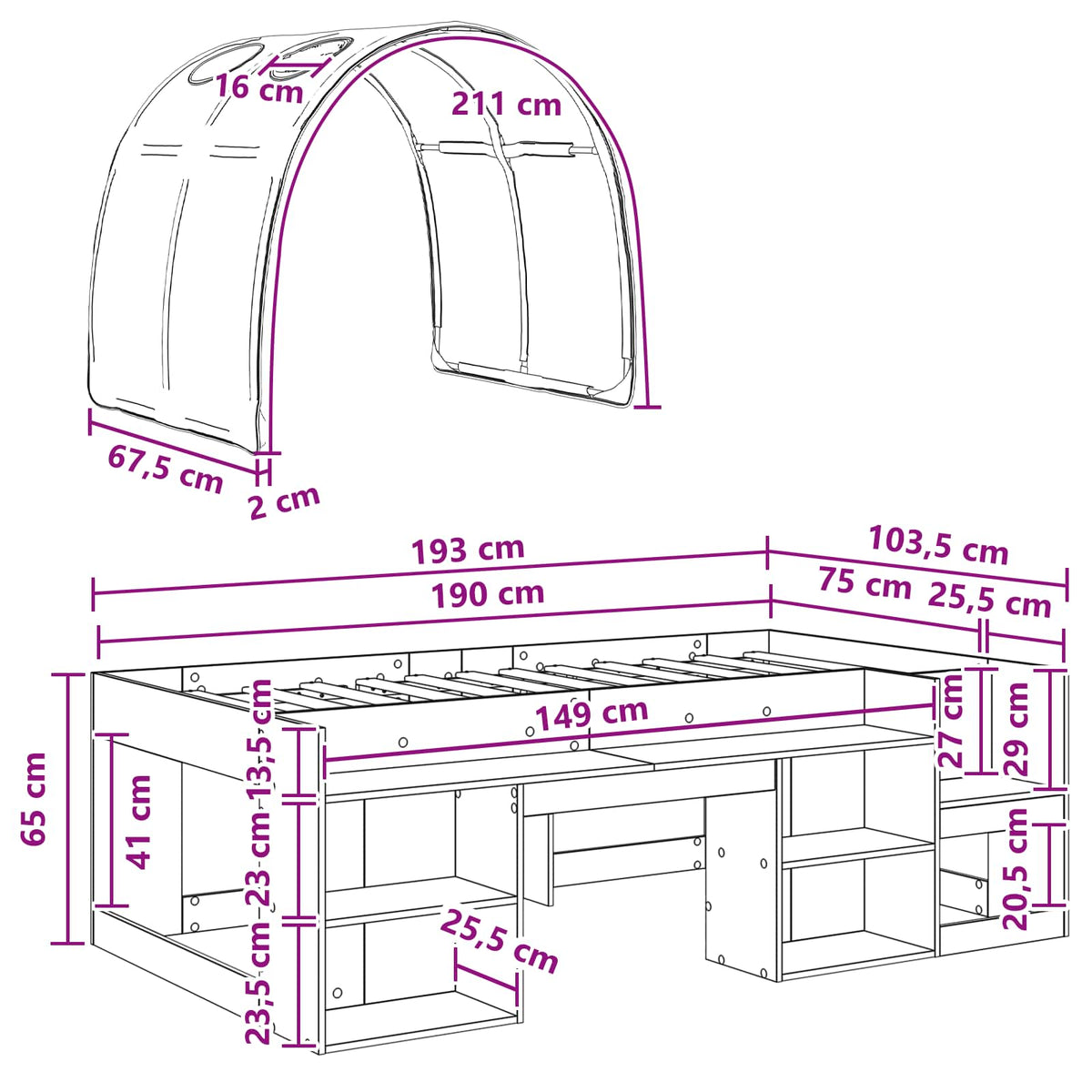 vidaXL Bed Frame with Tunnel 3 pcs Sonoma Oak and Pink Engineered Wood