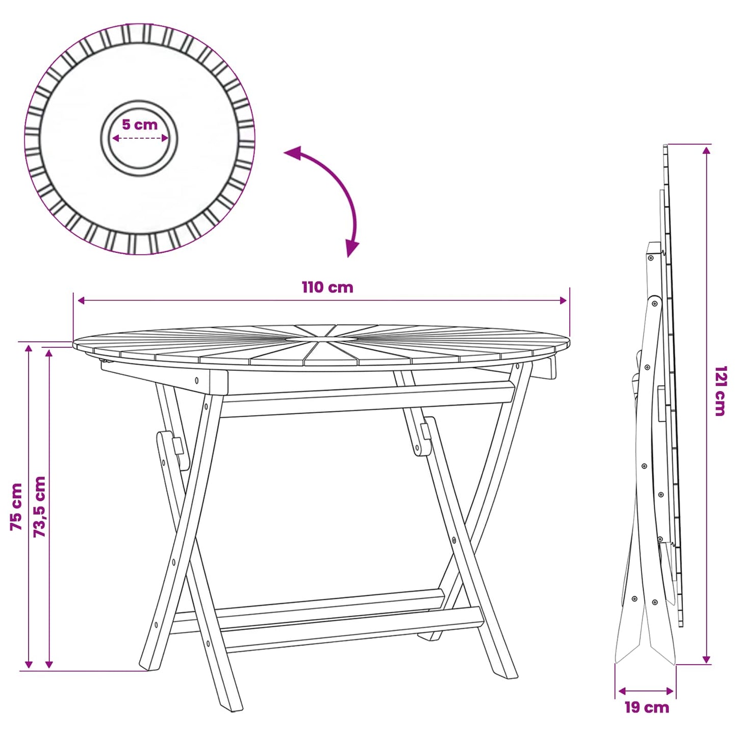 vidaXL Folding Garden Table Natural Ø 110 x 75 cm Solid Teak Wood