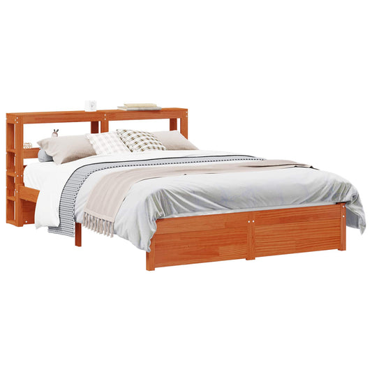 vidaXL Bed Frame with Headboard with Storage Wax Brown Solid Pine Wood