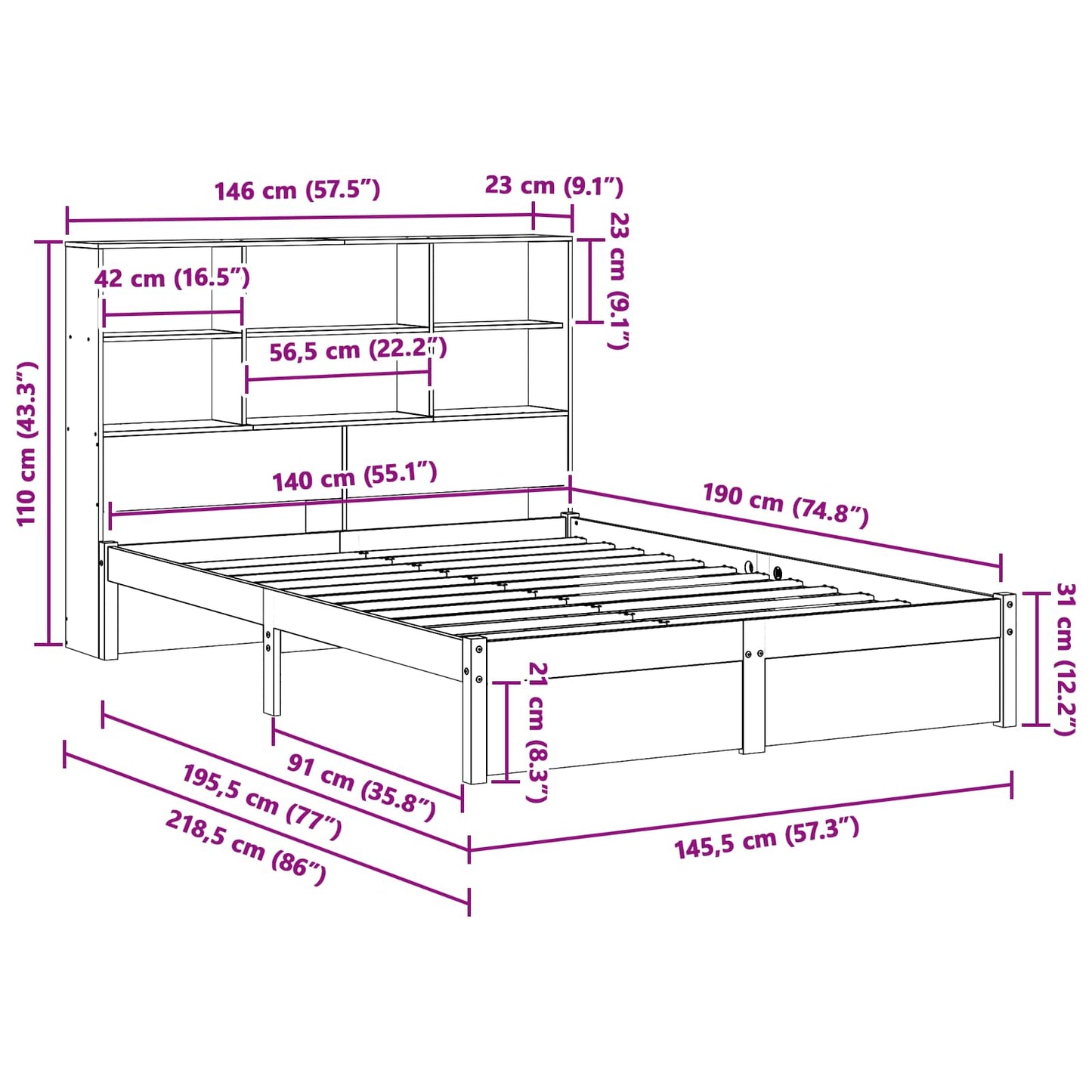 vidaXL Bed Frame with Storage Headboard Wax Brown 140 x 190 cm