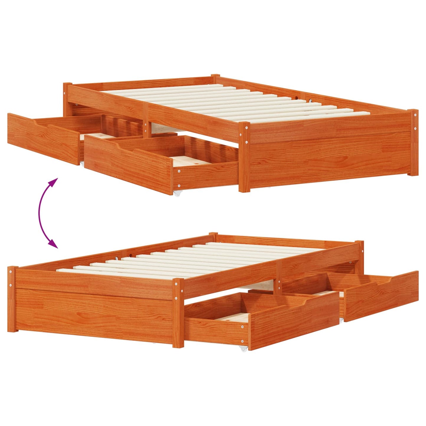 vidaXL Bed Frame with Drawer with Storage Wax Brown Solid Pine Wood