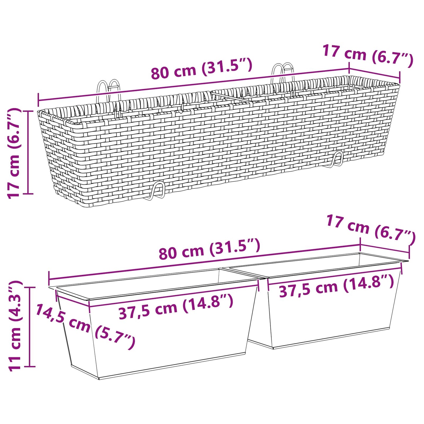 vidaXL Railing 2 pcs 80 x 17 x 17 cm Metal