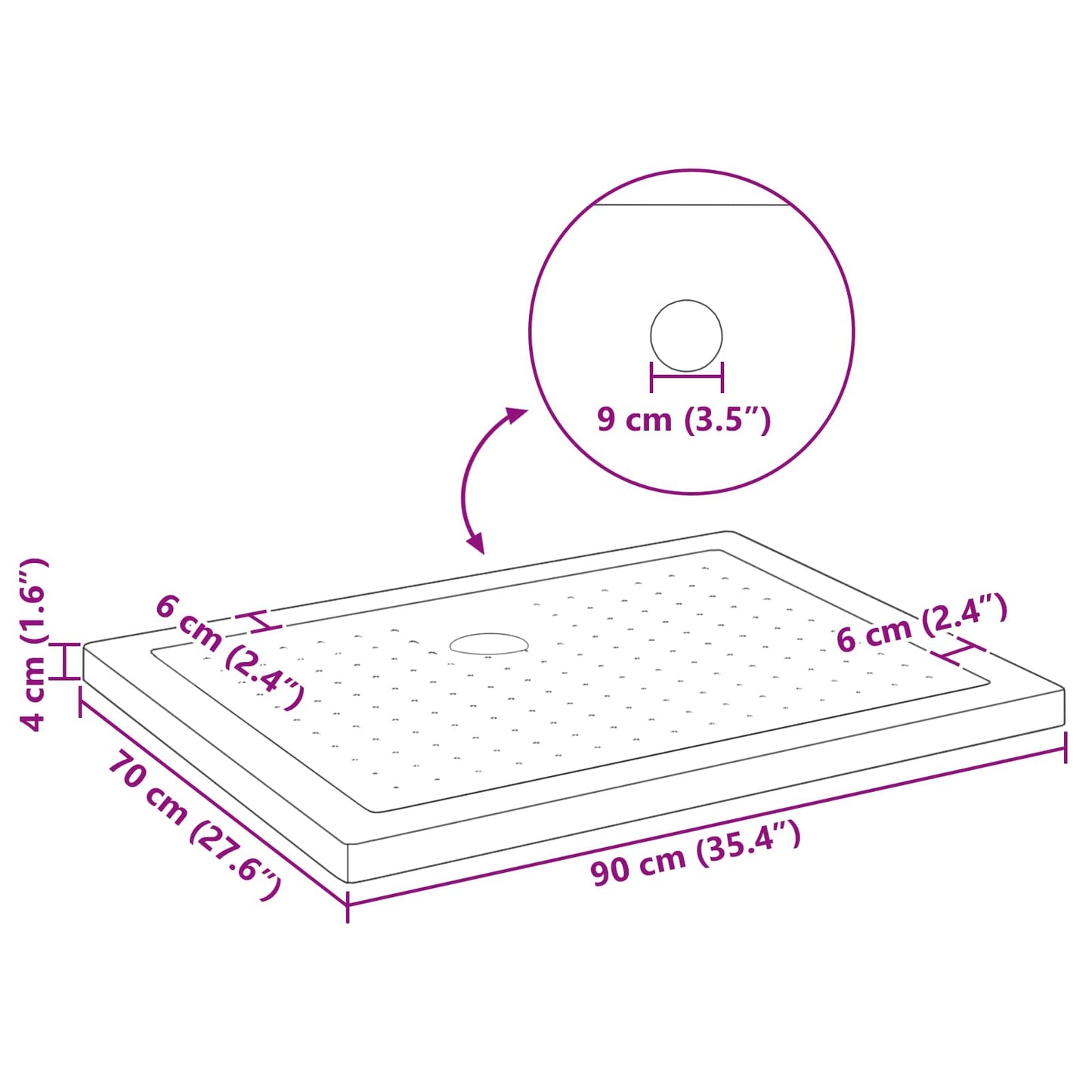 vidaXL Shower Base Tray with Dots 90 x 70 x 4 cm ABS Black