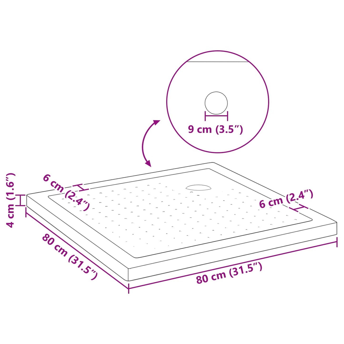 vidaXL Shower Base Tray with Dots 80 x 80 x 4 cm ABS Black
