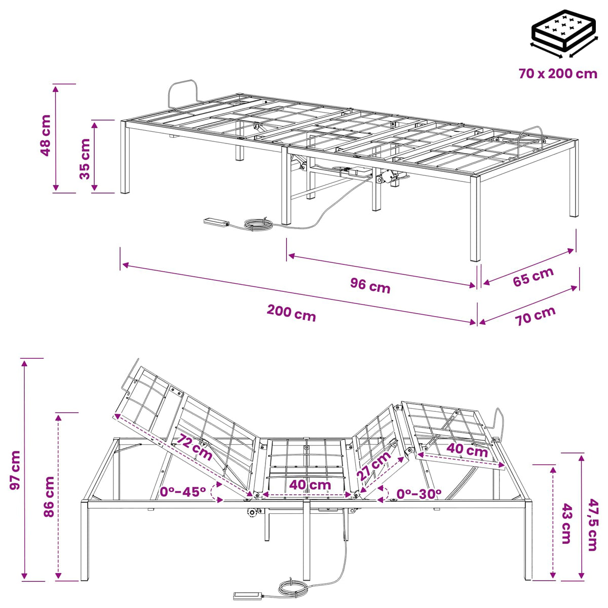 vidaXL Electric Adjustable Bed Frame Black 200 x 70 x 33.5 cm Steel