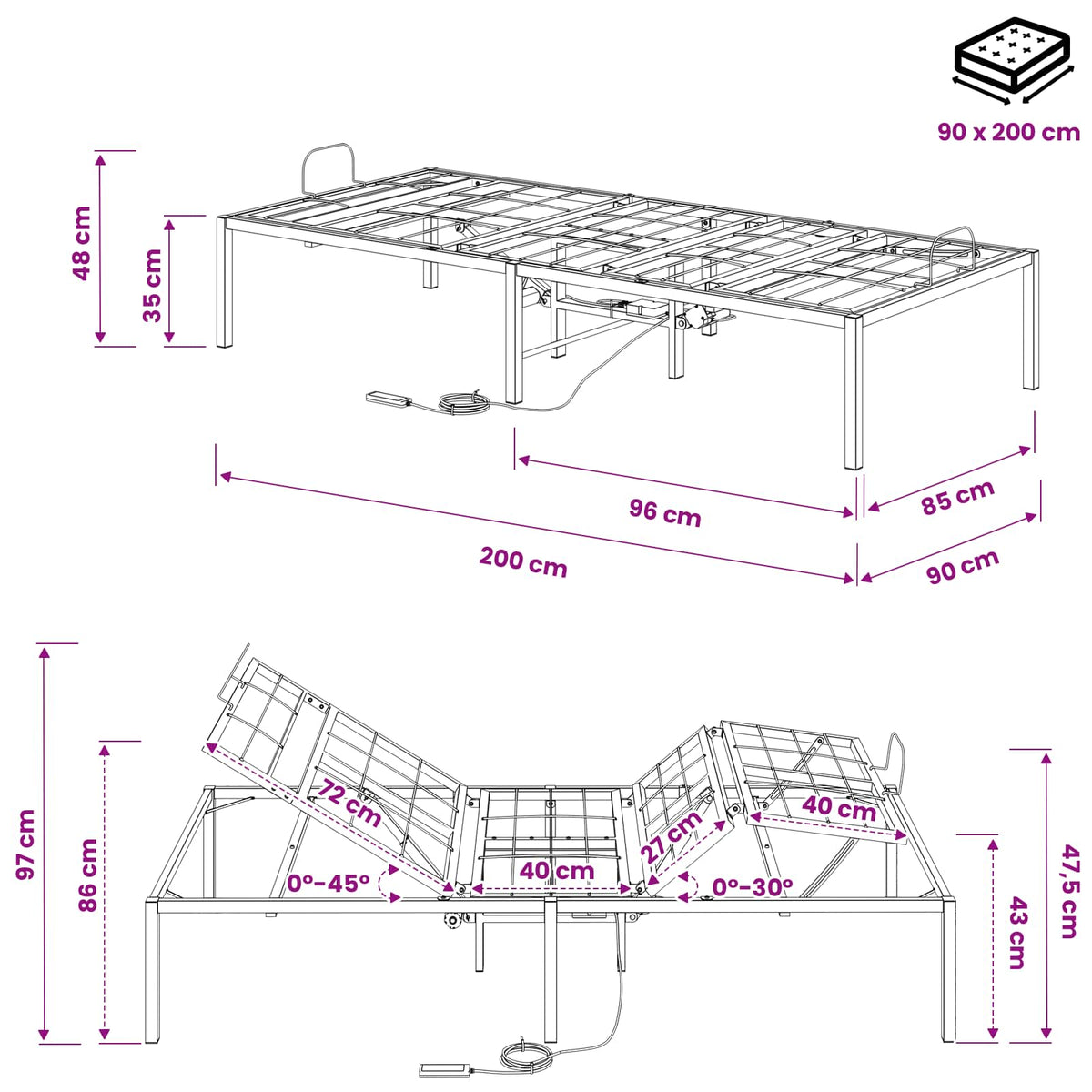 vidaXL Electric Adjustable Bed Frame Black 200 x 90 x 33.5 cm Steel