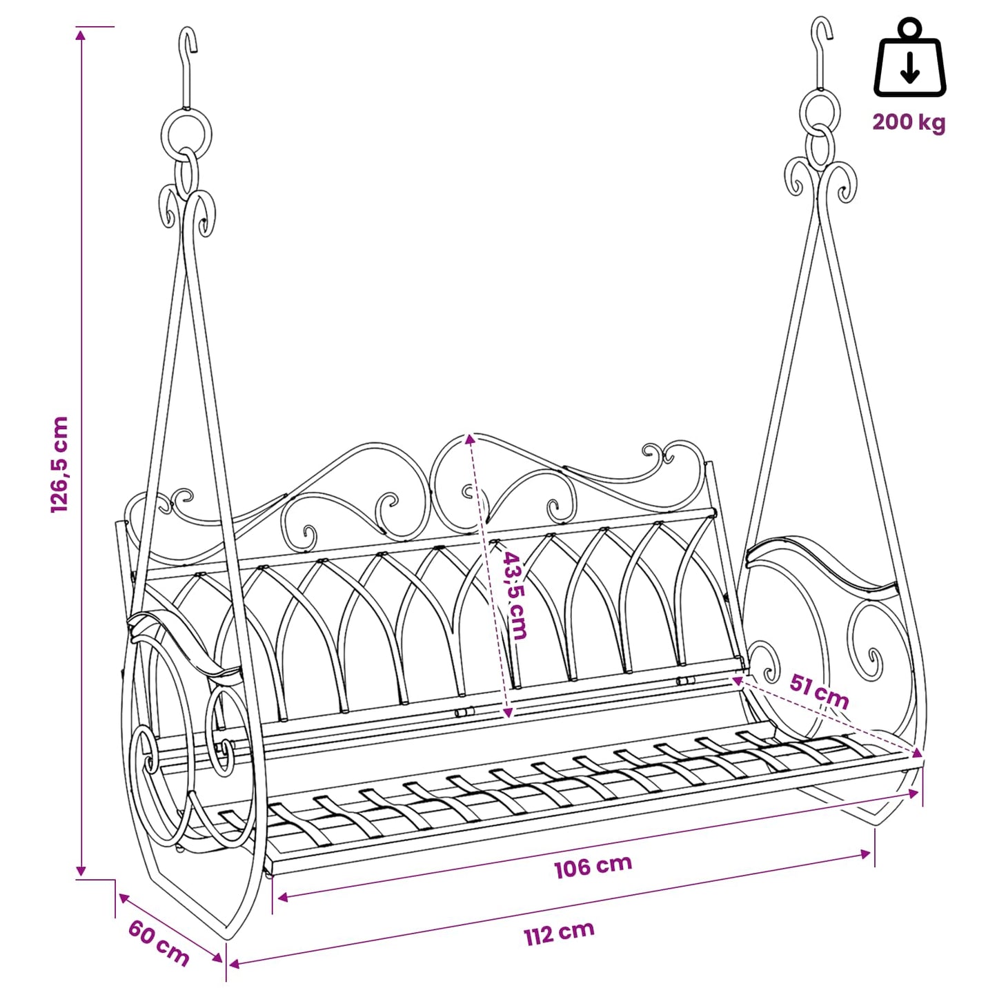 vidaXL Swing Bench Steel 112 x 60 x 126.5 cm Antique White