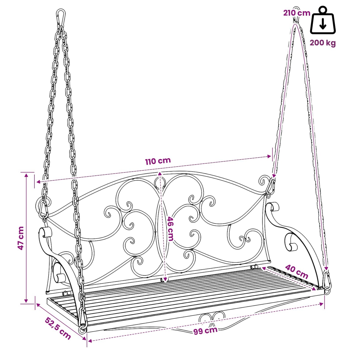 vidaXL Swing Bench Steel 110 x 52.5 x 47 cm Antique White