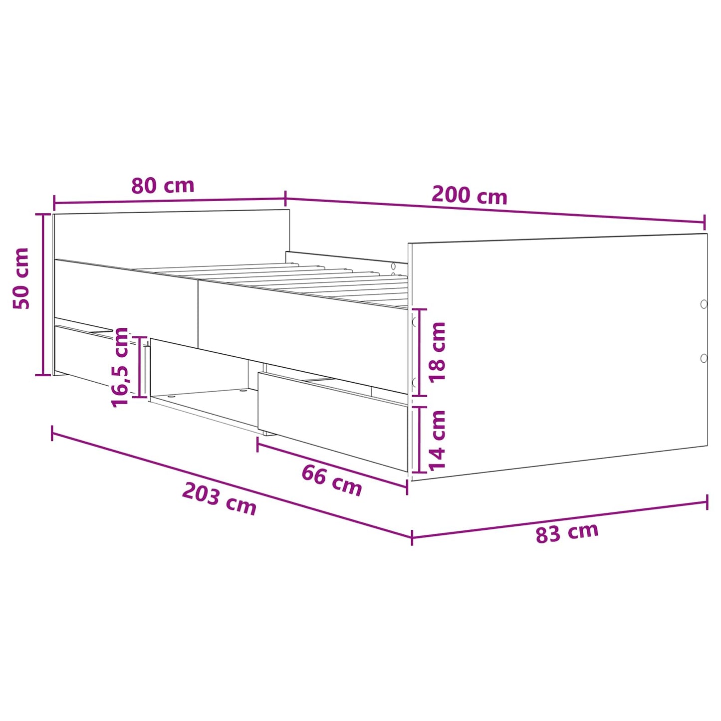 vidaXL Bed Frame with Storage Black Oak 80 x 200 cm Engineered Wood