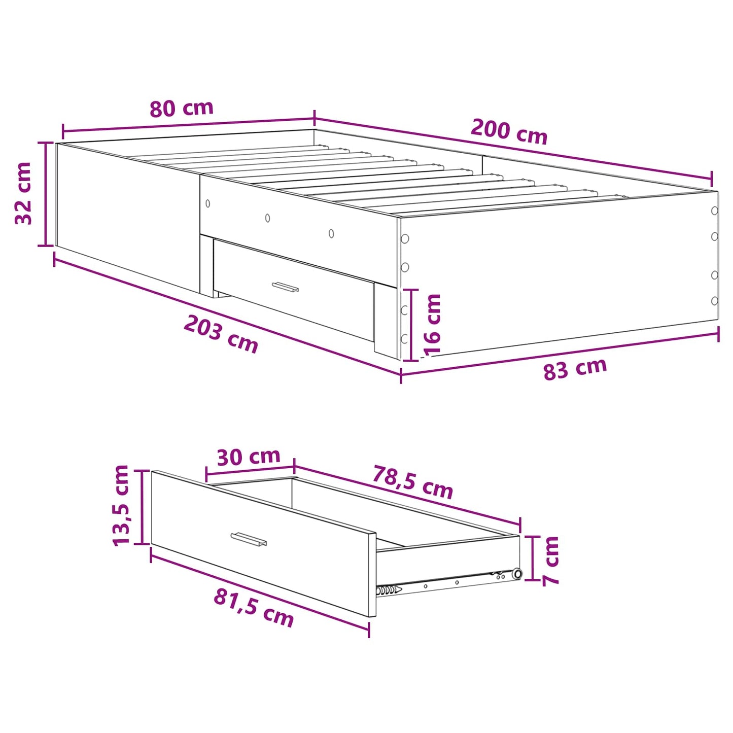 vidaXL Bed Frame with Storage Concrete Grey 80 x 200 cm