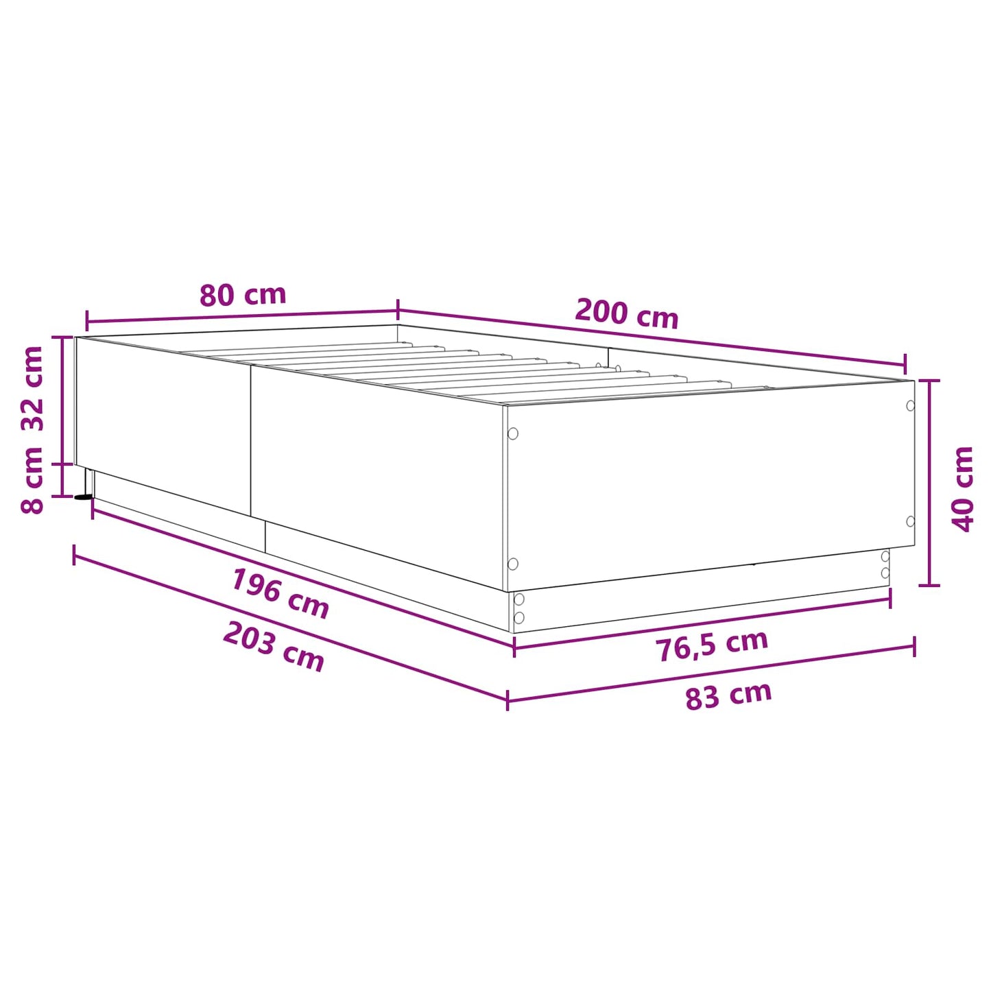 vidaXL Bed Frame with LED Concrete Grey 80 x 200 cm Engineered Wood