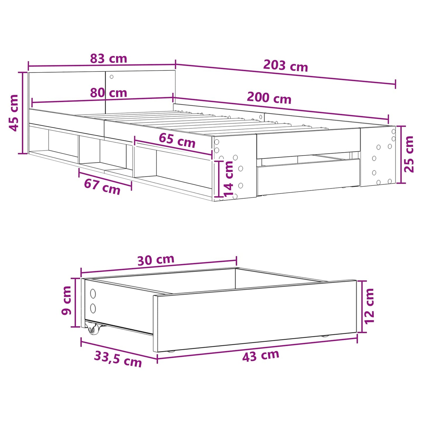 vidaXL Bed Frame with Storage Artisian Oak 80 x 200 cm Engineered Wood