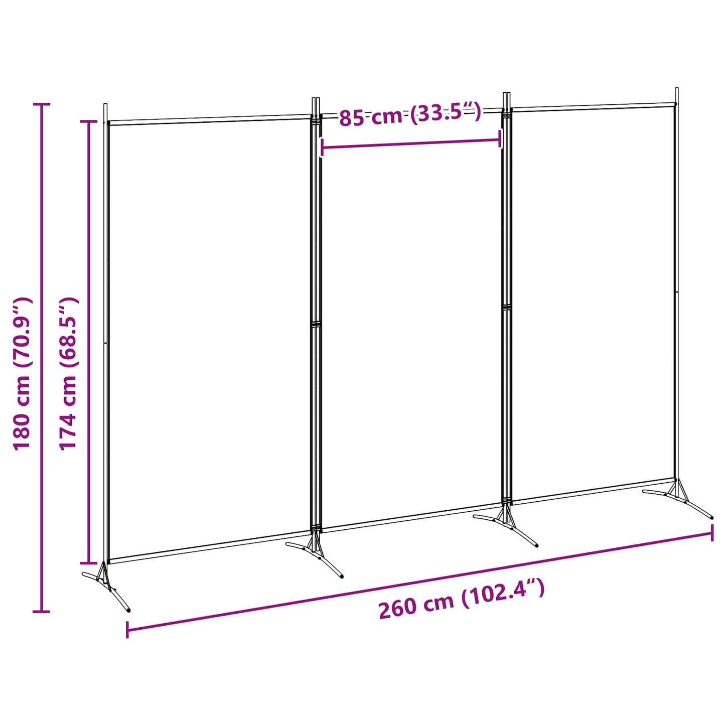 vidaXL 3-Panel Room Divider Beige 260 x 180 cm Fabric