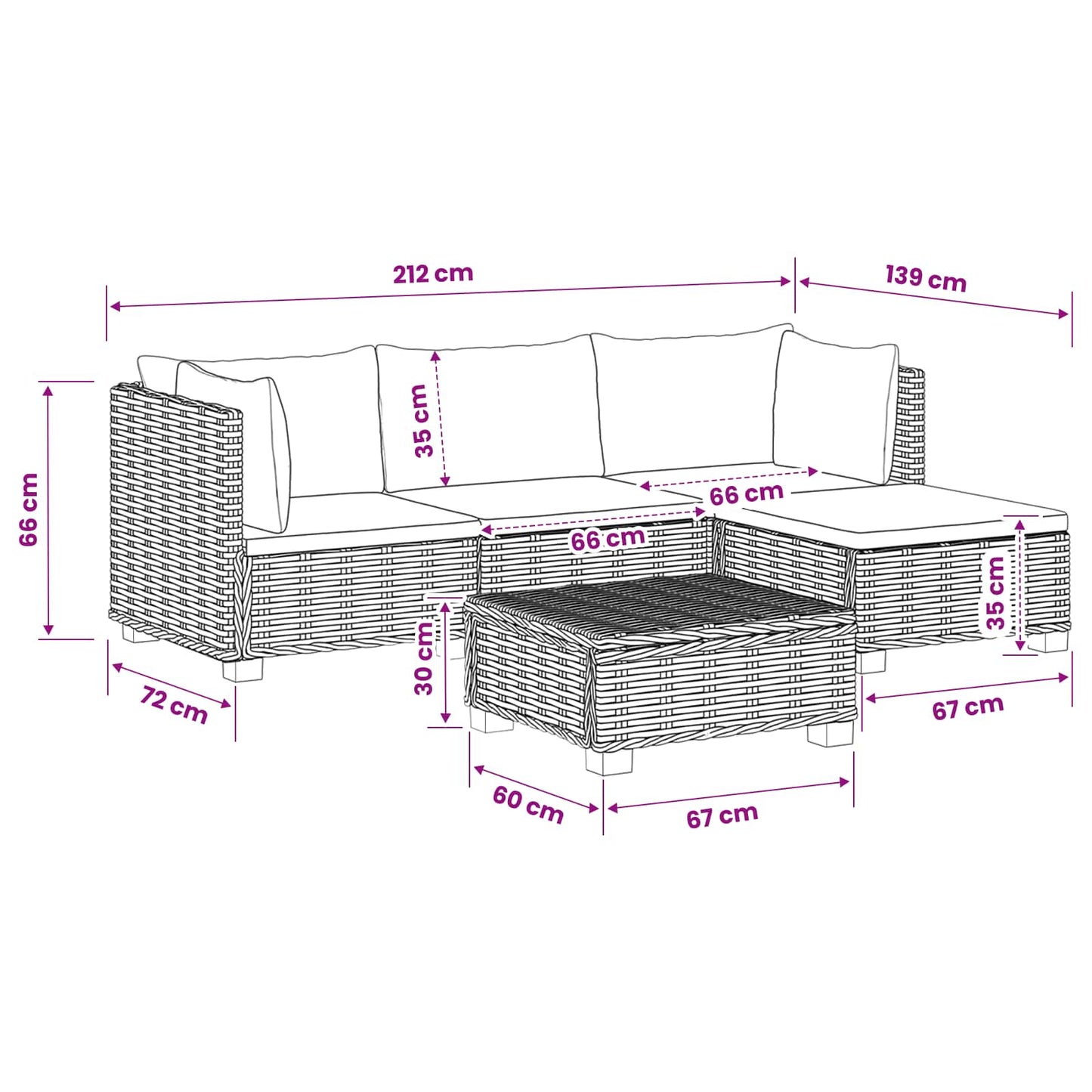 vidaXL 5 pcs Rattan Lounge Set with Cushions GENDT Natural Rattan