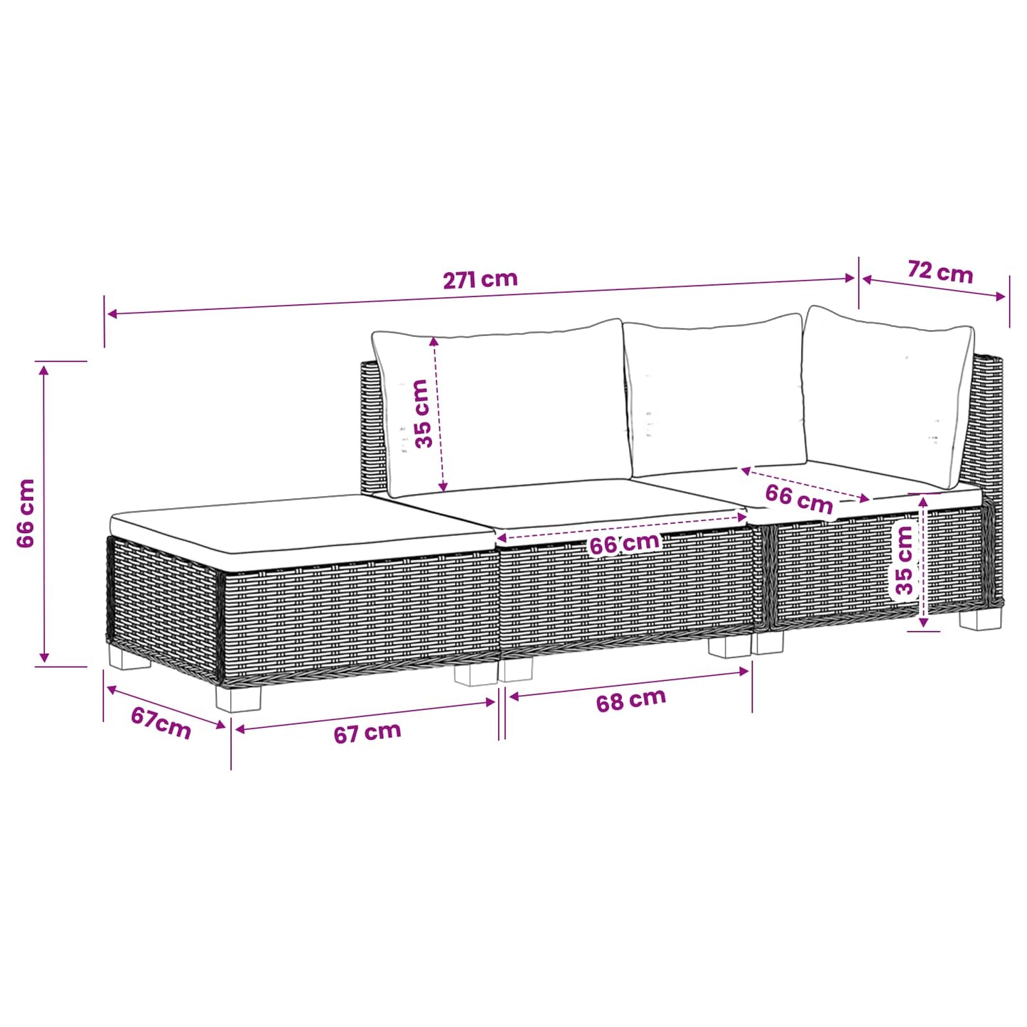 vidaXL 3 pcs Rattan Lounge Set with Cushions GENDT Natural Rattan