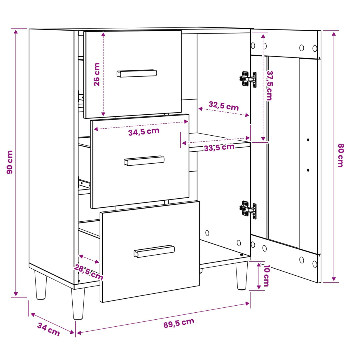 vidaXL Sideboard Black Oak 69.5 x 34 x 90 cm Engineered Wood