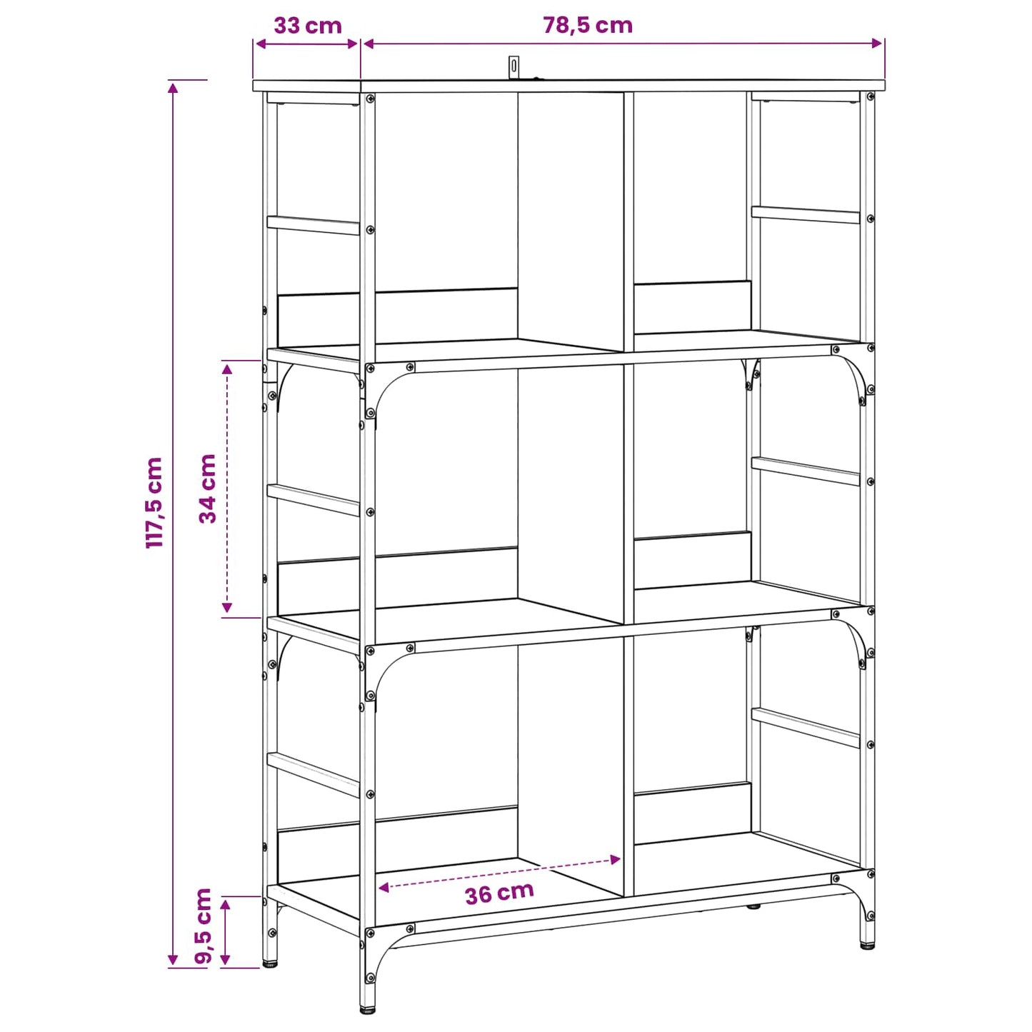 vidaXL Bookshelf 4-Tier 78.5 x 33 x 117.5 cm metal PB Old wood
