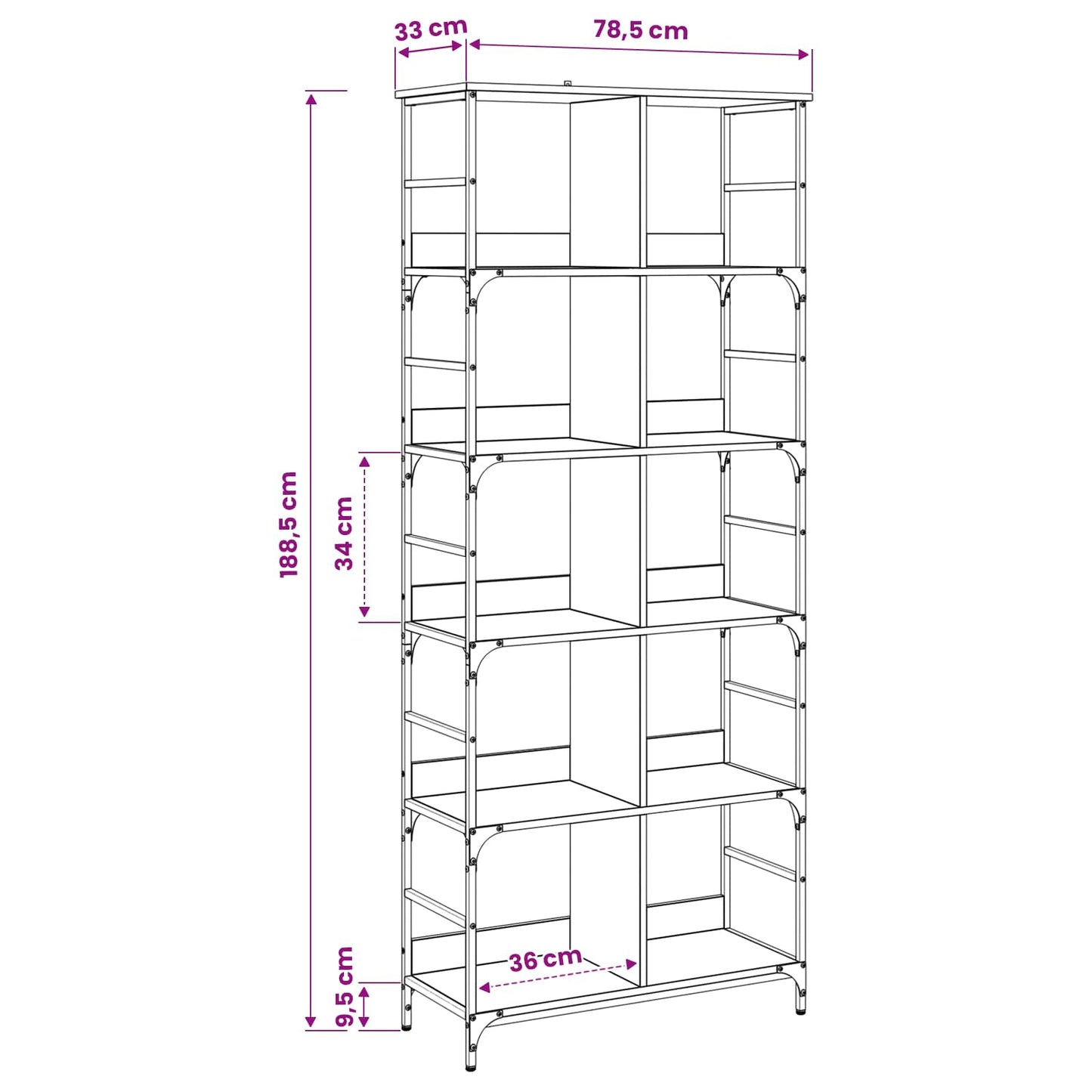 vidaXL Bookshelf 4-Tier 78.5 x 33 x 188.5 cm metal PB Artisan oak