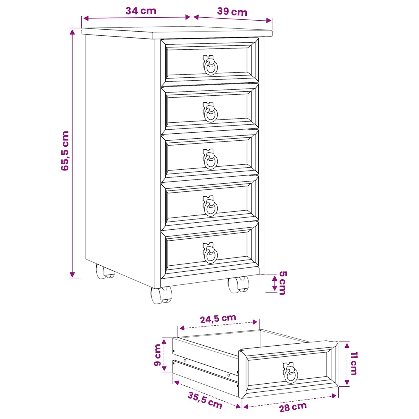 vidaXL Rolling Cabinet with Drawers CORONA Honey Brown