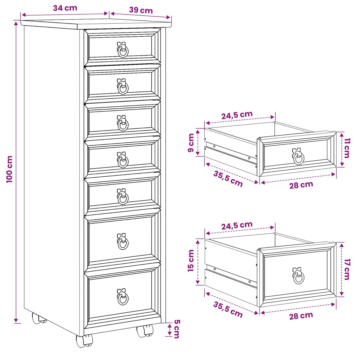 vidaXL Rolling Cabinet with Drawers CORONA White