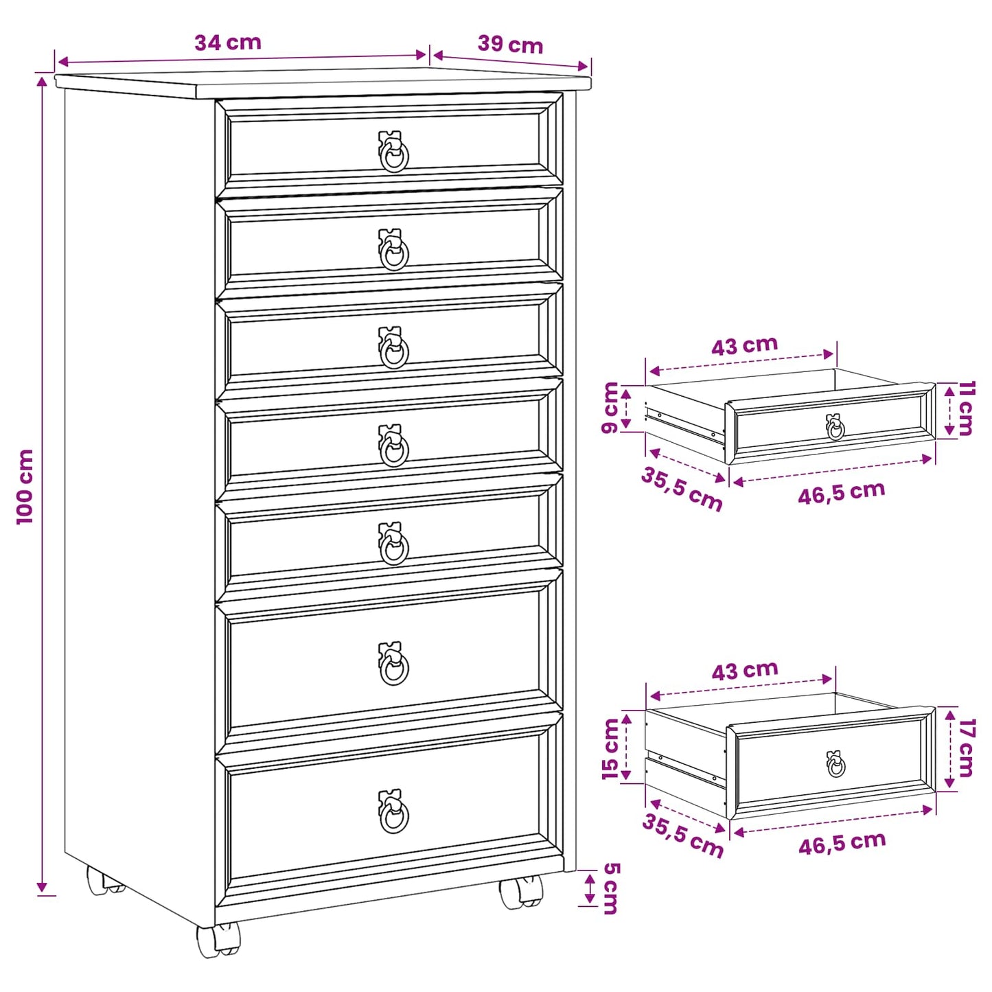vidaXL Rolling Cabinet with Drawers CORONA White