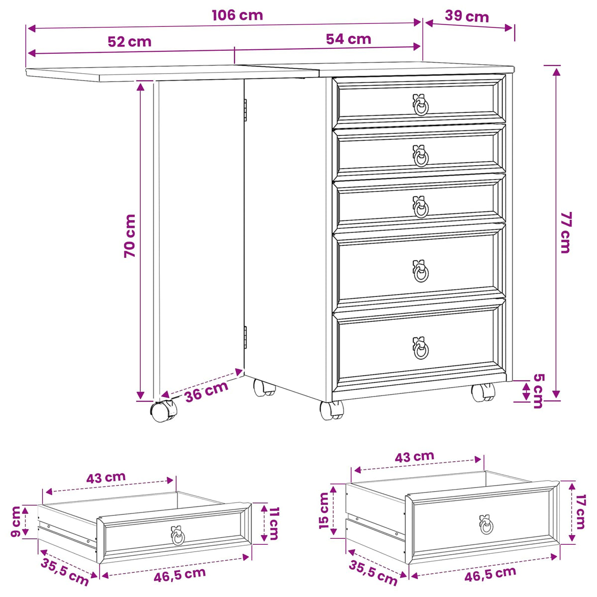 vidaXL Rolling Cabinet with Drawers & Folding Top CORONA Honey Brown