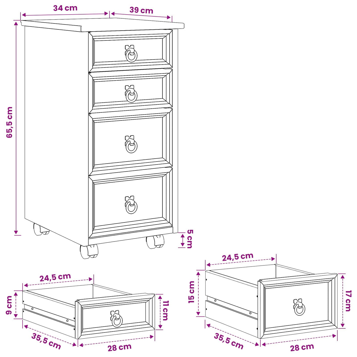 vidaXL Rolling Cabinet with Drawers CORONA White