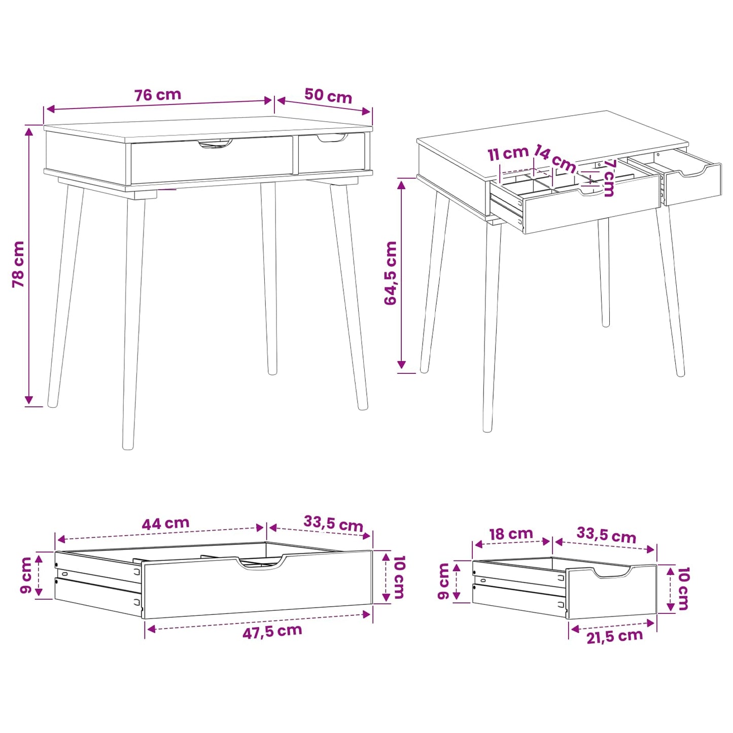 vidaxl Dressing Table FAUSKE White 76 x 50 x 78 cm
