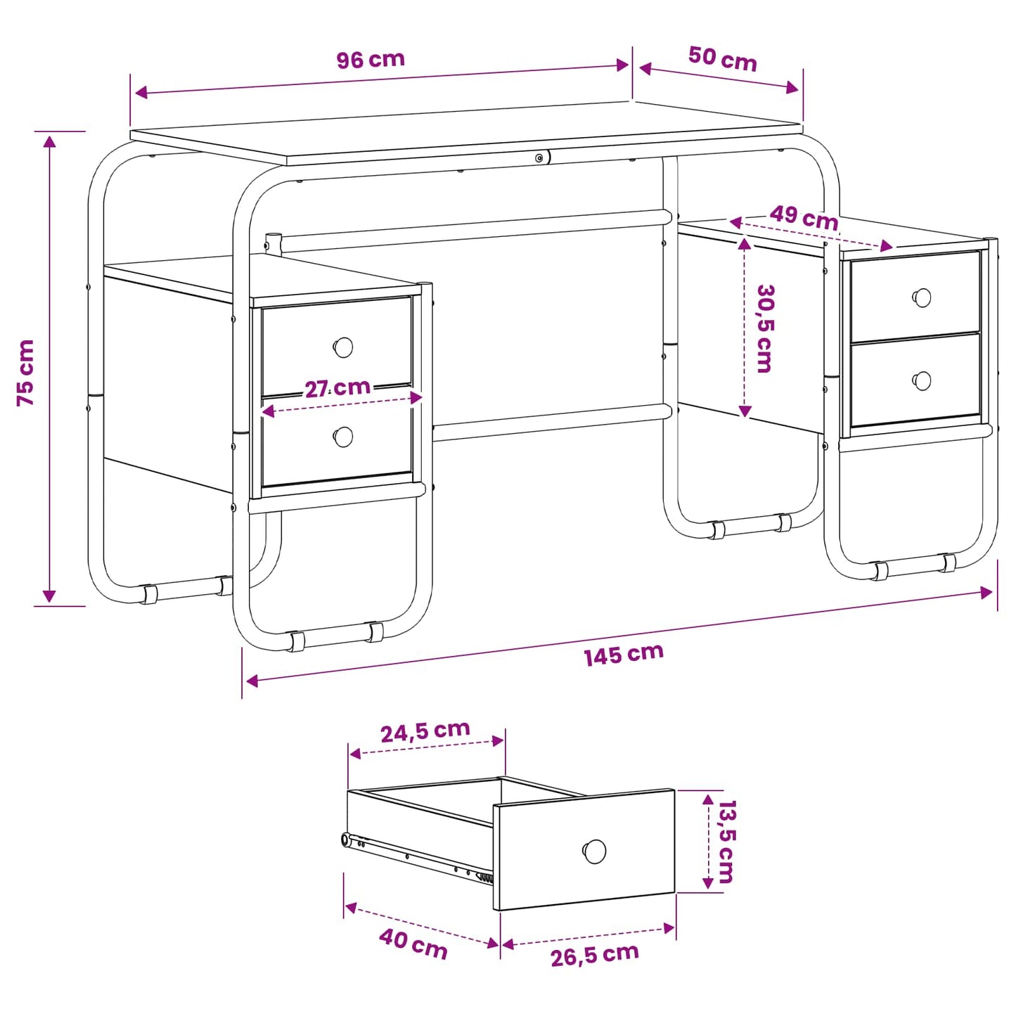 vidaXL Desk with Storage Grey Sonoma 145 x 50 x 75 cm