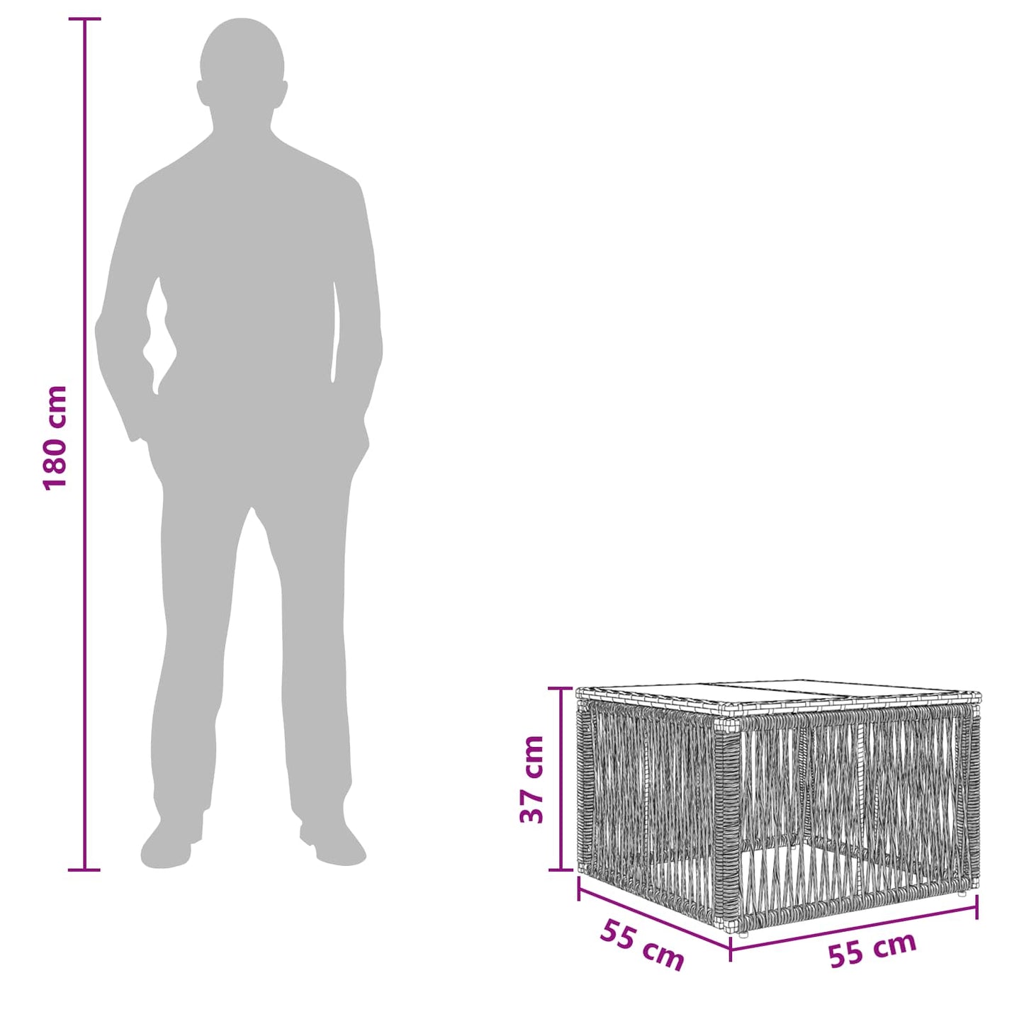 vidaXL Garden Table Black 55 x 55 x 37 cm PE Rattan and Glass