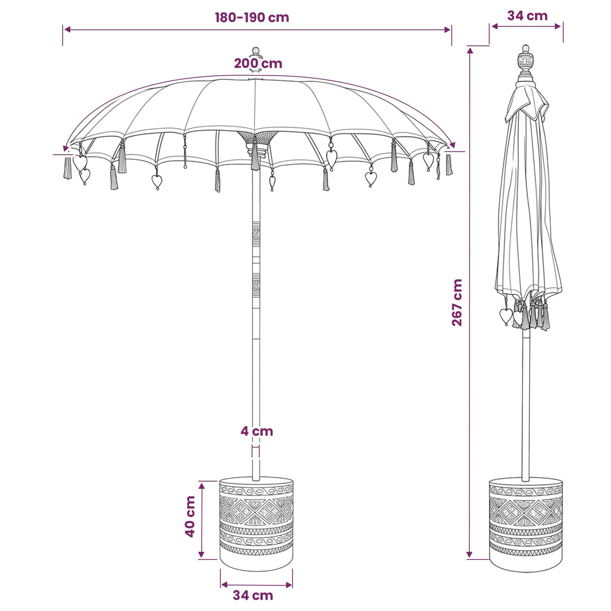 vidaXL Balinese Parasol with Base Round 190 x 190 x 295 cm