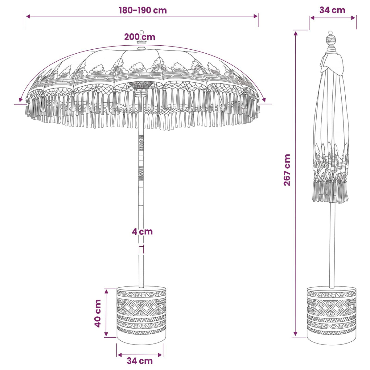 vidaXL Balinese Parasol with Base 2 pcs Cream