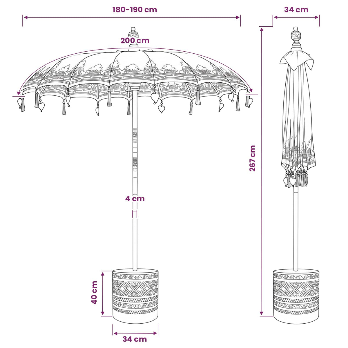 vidaXL Balinese Parasol with Base 260 190 x 190 x 295 cm Red and Brown